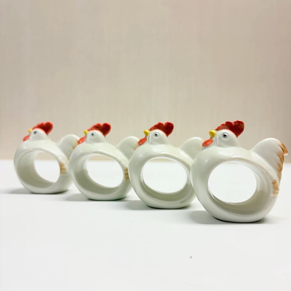 Vintage Takahashi White Chicken Hen Rooster Napkin Ring Holders Four 4 Farmhouse